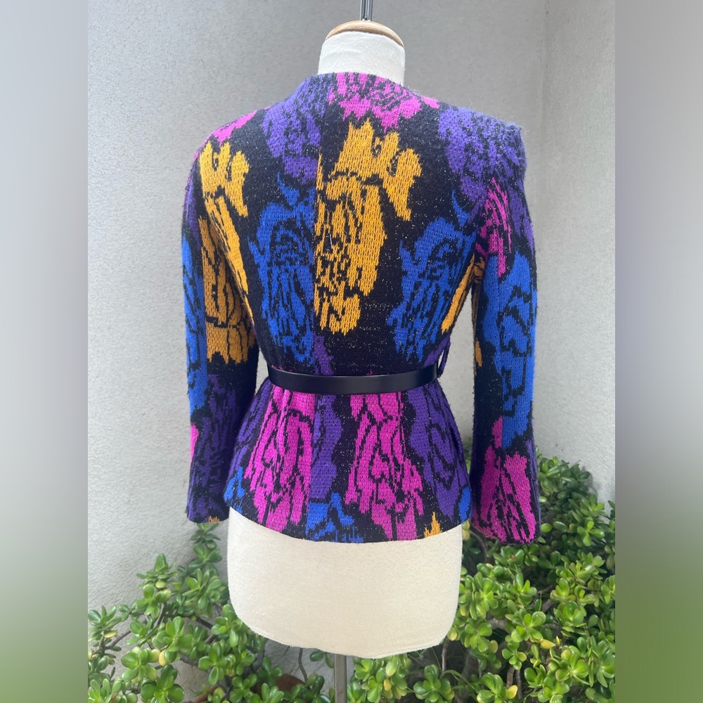 Vintage 80s knit New Wave cardigan sweater lined neon colors Sz M - Picture 11 of 12